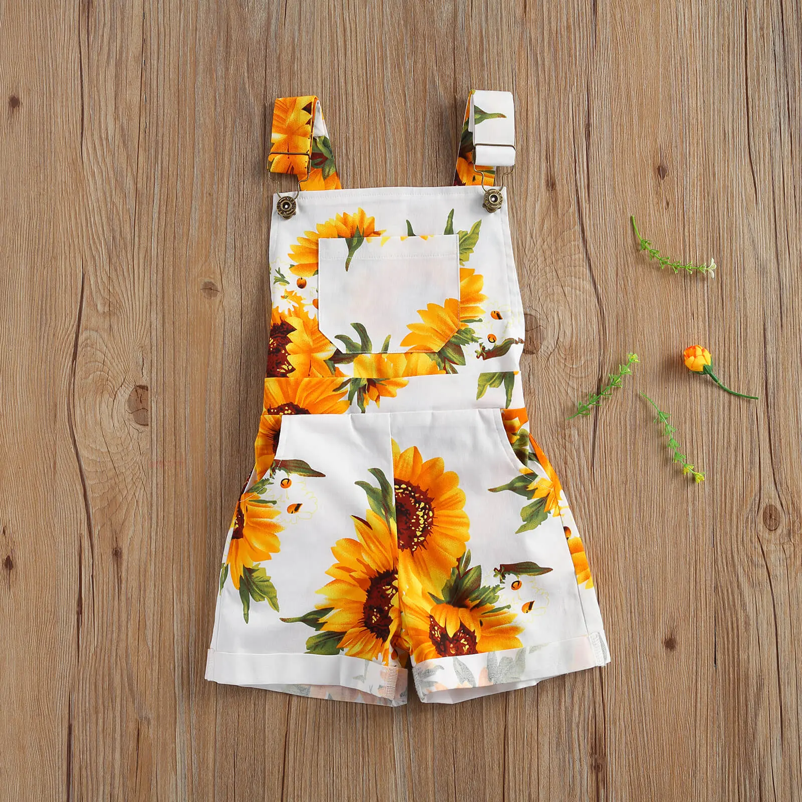 Baby Girl Sunflower Print Suspender Shorts with Pockets - Lullaby Birthday Party Outfits, Baby Girl Clothes