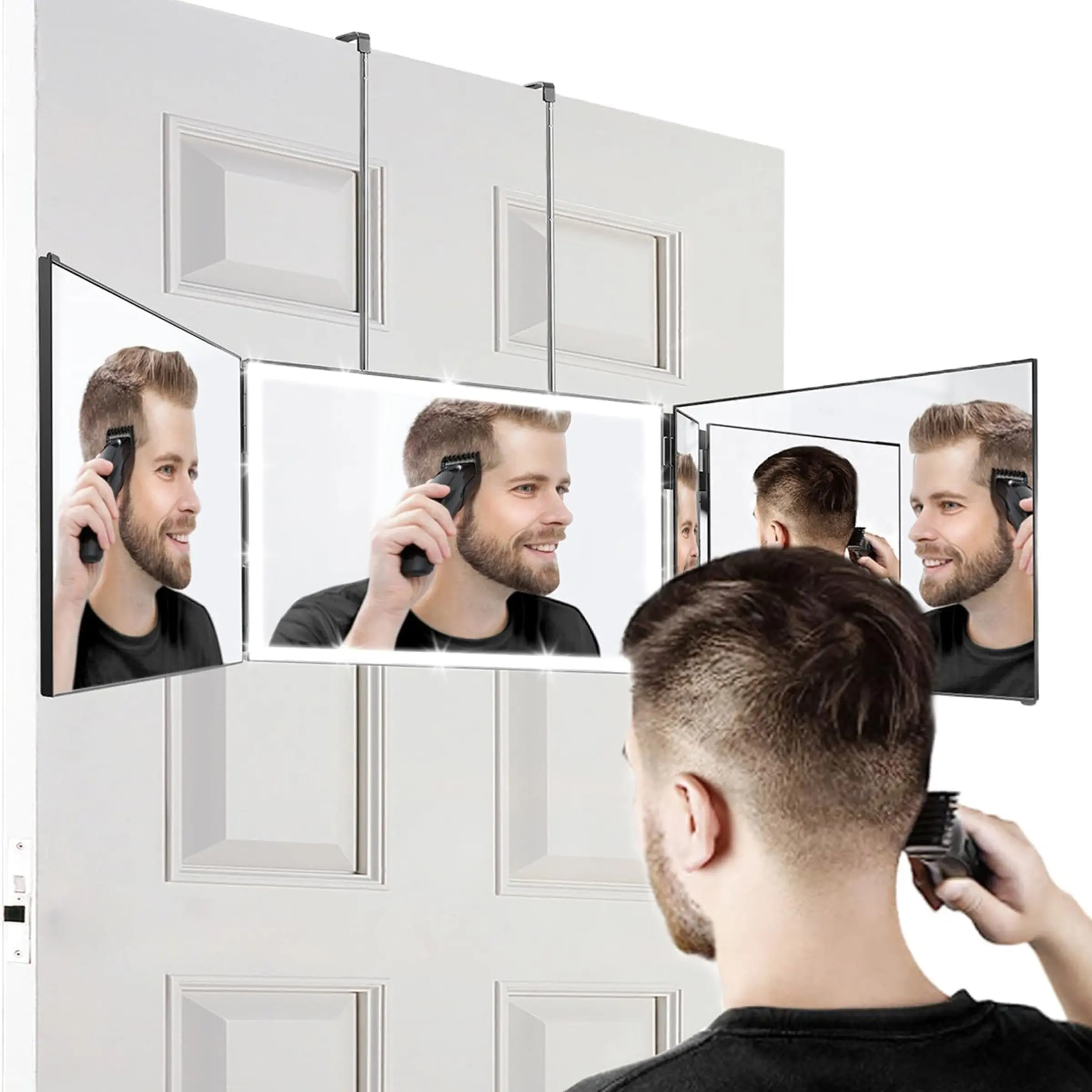 LED 3 Way Mirror with Lights for Self Hair Cutting, Led Lighted Mirror, Led Lighting Mirror, Led Cosmetic Mirror, 360 Degree View, Trifold Design, Height Adjustable Hooks, Ideal for Makeup & Styling, Mirror and Lights, LED Vanity Mirror