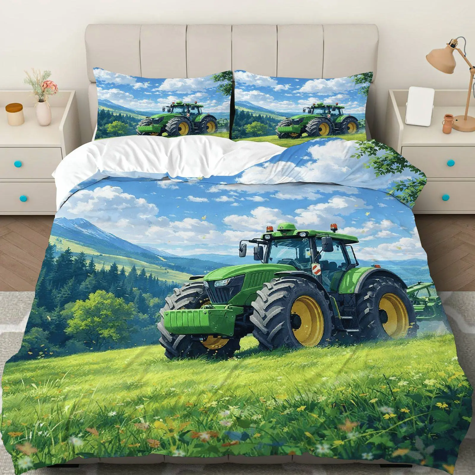 3PCS Duvet Cover Set, 1 Duvet+2 Pillowcases(Without filler), Tractor Countryside Landscape Nature Green Blue theme, Christmas bedding set, Elegant Comfortable Suitable for decoration bedroom, guest room, farmhouse, rustic style.