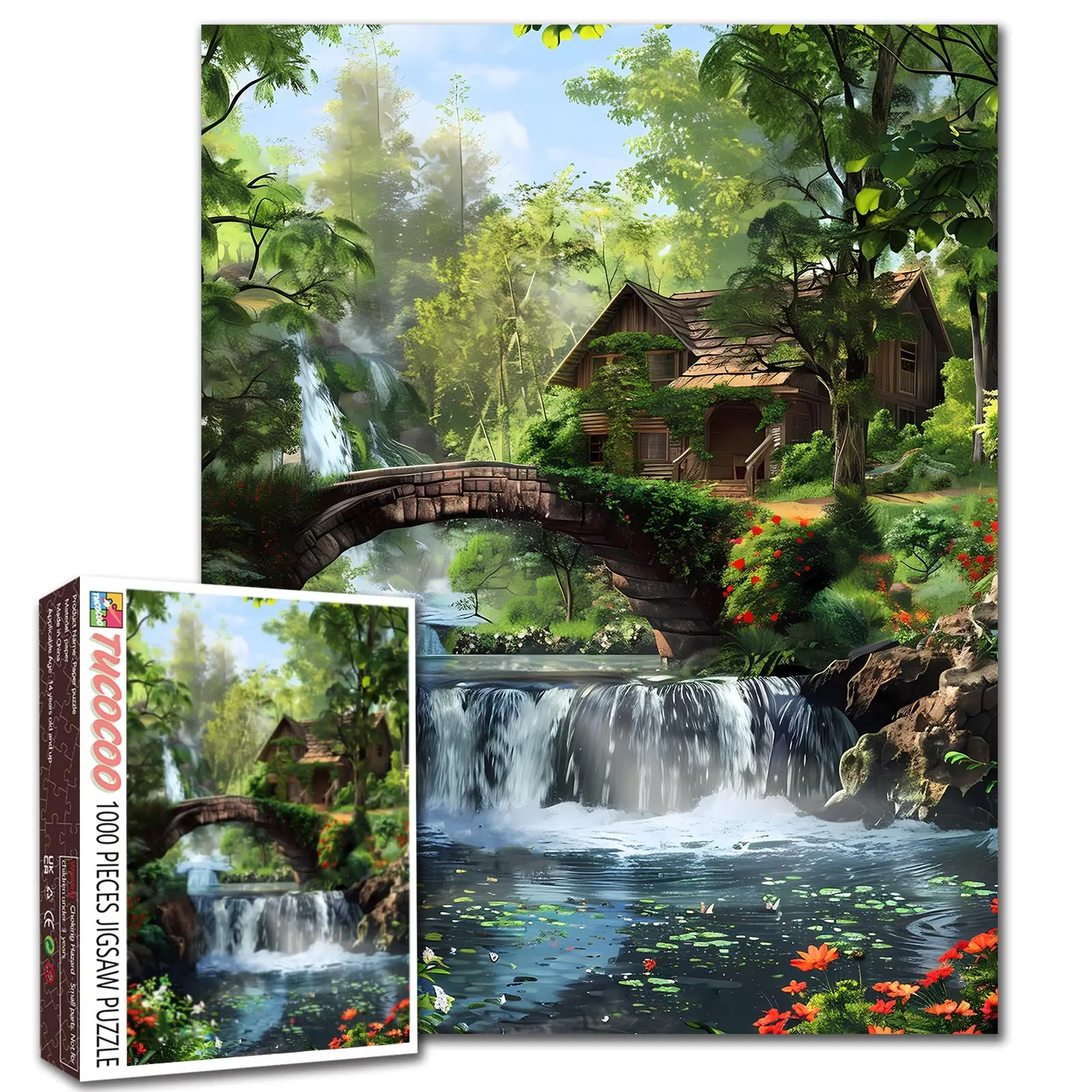 Tucocoo 1000-Piece Animals & Nature Jigsaw Puzzle - Forest Waterfall, Woodland Cottage, Stone Bridge Scenic Landscape, Wall Decor for Adults, Family Game Night, 27.5x20 inches (70x50cm) Puzzle Art Gift Art Puzzles
