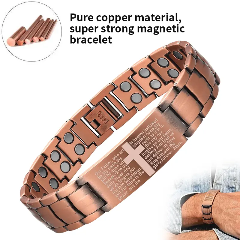 1 men's magnetic bracelet, 99.99% pure copper bracelet with unique magnetic cross bracelet strap adjustable chain, can  and increase energy. Red copper bracelet, suitable for Father's Day, Valentine's Day Christmas gifts