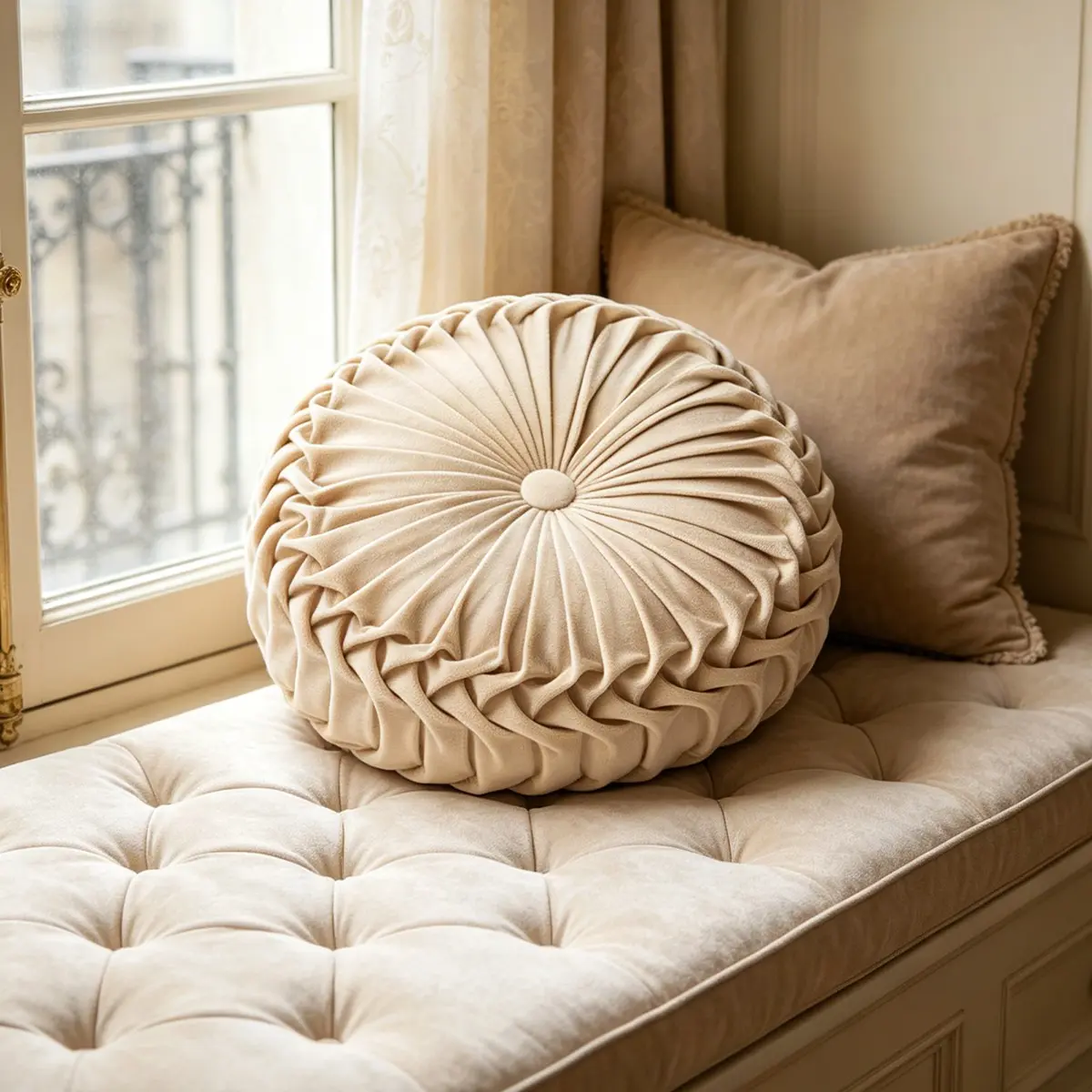 1pc Vintage Pleated Round Pillow (Insert Included), Breathable Skin-Friendly Cushion, Soft Padded Cushion, Dust Resistant Sofa Decorative Pillow, Fits Living Room & Bedroom, Machine & Hand Washable, Soft Cushions