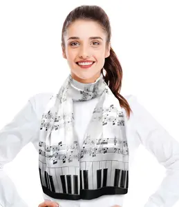 CBC Crown Lightweight Keyboard & Notes Printed Silk Feeling Music Scarf - White