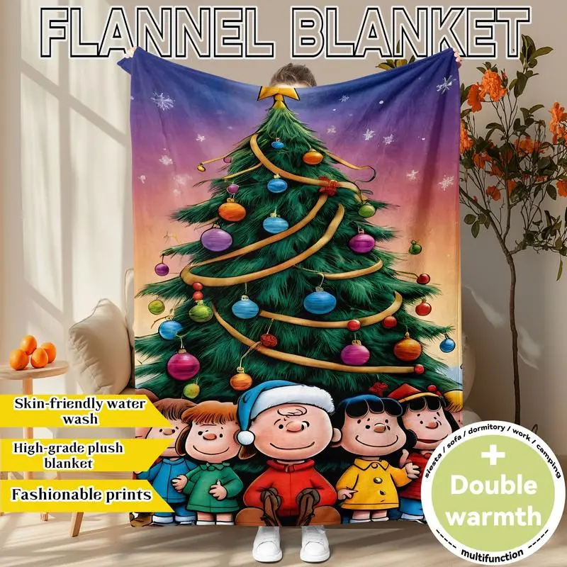 "Under the Christmas Tree" print. "Peanuts" Christmas themed flannel throw blanket. Soft, plush, and oversized for warmth. Perfect for home, office, travel, or as a festive gift.   Cartoon Blanket Halloween and Christmas Gifts