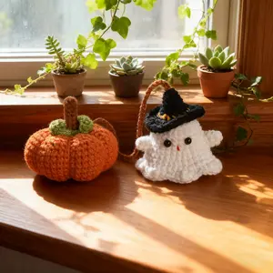 Cute Crochet Car Rearview Mirror Hanging Ornament Handmade Ghost & Pumpkin Decor for Women Car Interior Accessory