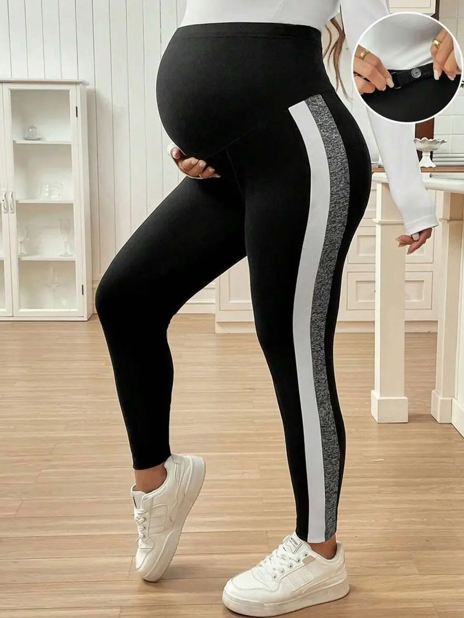 Maternity Leggings Contrast Color Adjustable Waist Slim Fit Pregnancy Pants Casual Stretchy Tights