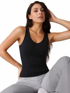 Women's Solid Color Sports Tank Top, V Neck Ribbed Sleeveless T-Shirt, Breathable Comfort Underwear, Moisture Wicking Shirt