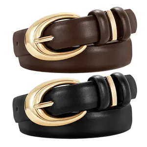 JASGOOD Women Leather Belt for Jeans Pants Fashion Ladies Skinny Faux Leather Belt with Gold Buckle