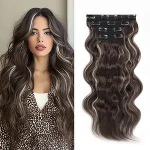 [ Qbeauty ] Bombshell Brunette Clip- in Synthetic Hair Extensions Long Wavy 4PCS Thick Hairpieces Double Weft Natural Hair Extensions for Women