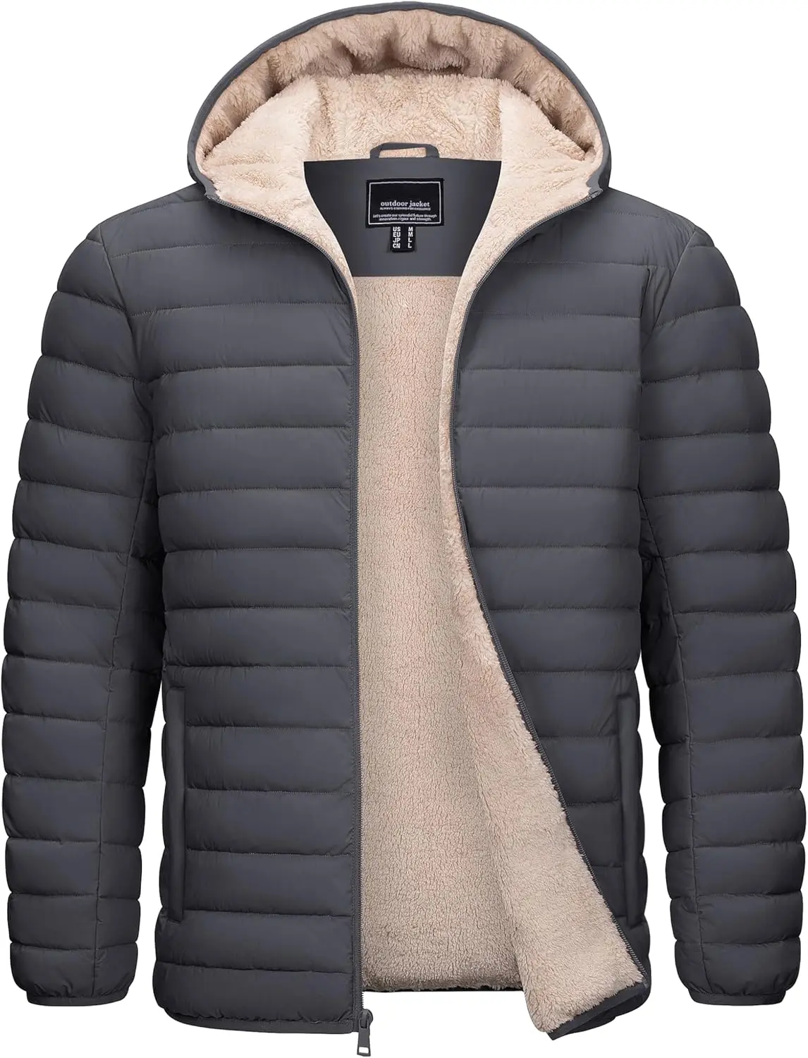 Men's Puffer Jacket Sherpa Lined Water Resistant Hooded Full Zip Mid-Weight Warm Insulated Winter Coat