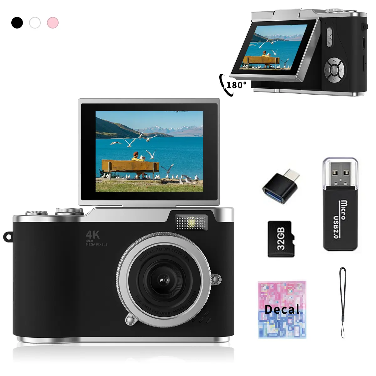 Flip-Screen CCD Style Digital Pocket Camera for Beginner Students Teenagers, Portable Selfie Compact Camera with 32G Memory Card, Card Reader, Converter Plug-in, DIY Decor Stickers and Lanyard, Perfect Gift for Back to School Season fhd