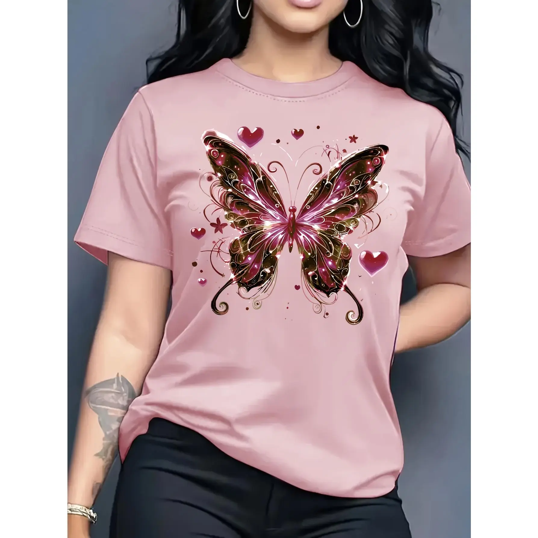 Women's 100% Cotton Smooth Fabric Short Sleeve Printed T-Shirt - Romantic Butterfly & Heart Graphic, Flattering Fit, Eye-Catching Top for Casual Daily Wear & Dates, Feminine Style Statement
