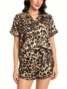 Women's Satin Brown Leopard Print Lapel Cardigan Elegant Short-Sleeve & Shorts Pajama Set, Satin Leopard Print Loose Loungewear Pajama Suit