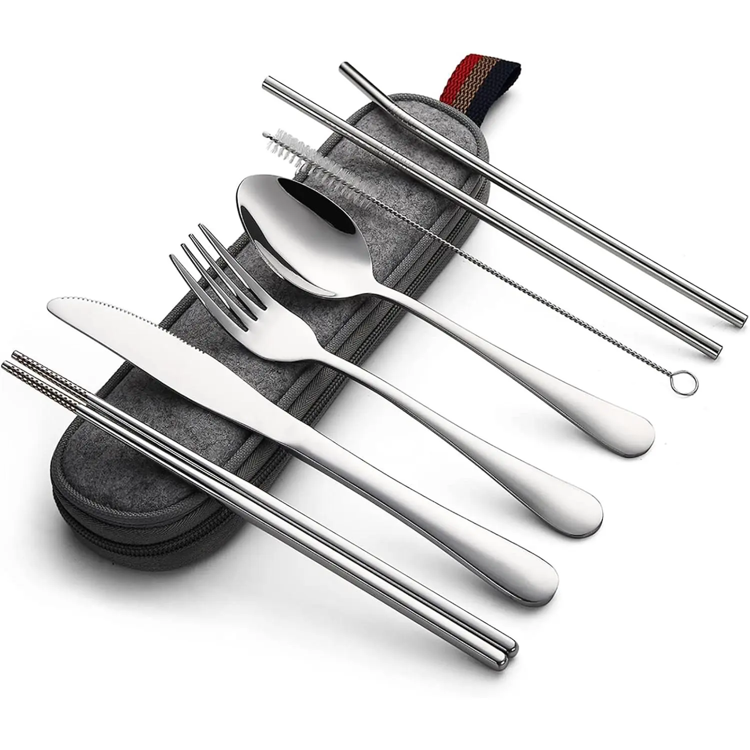 【Summer Sale】28pcs Portable Stainless Steel Flatware Set, Travel Camping Cutlery Set, Portable Utensil Silverware Set with A Waterproof Case, Portable Reusable Travel Utensils, Includes Knife, Fork, Spoon, Straw, Waterproof Case, And Chopsticks
