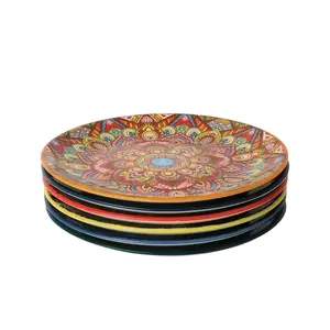 Boho Style Ceramic Plate Set, 4 Counts/set Colorful Round Plate, Exquisite Dish for Salad, Pasta, Dessert, Steak, Appetizer