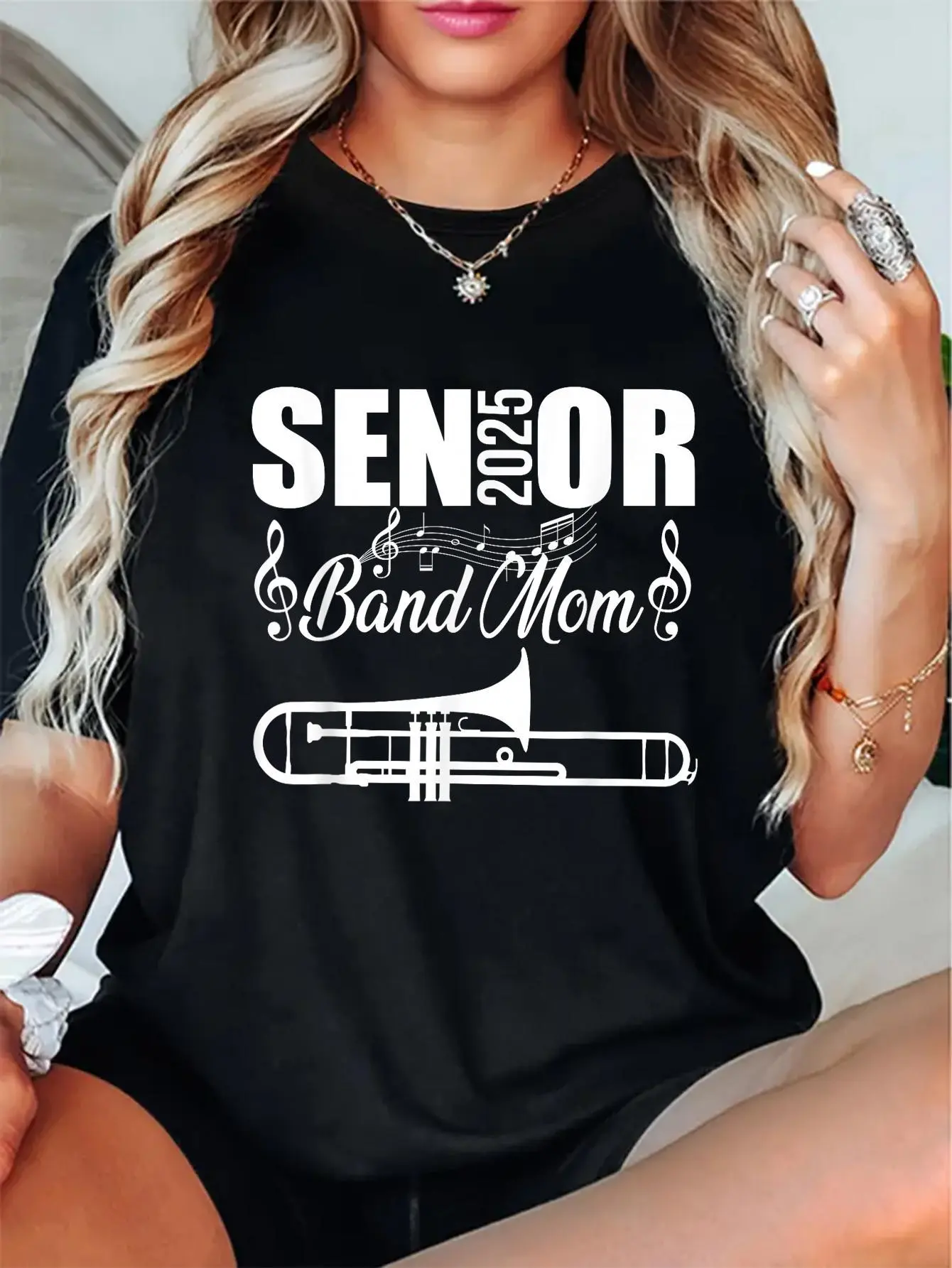 Women's Senior Band Mom T-Shirt - Class of 2025 Trombone Graphic Print, Unisex 100% Cotton Soft Everyday Cute Fabric Relaxed Fit Short-Sleeve Top