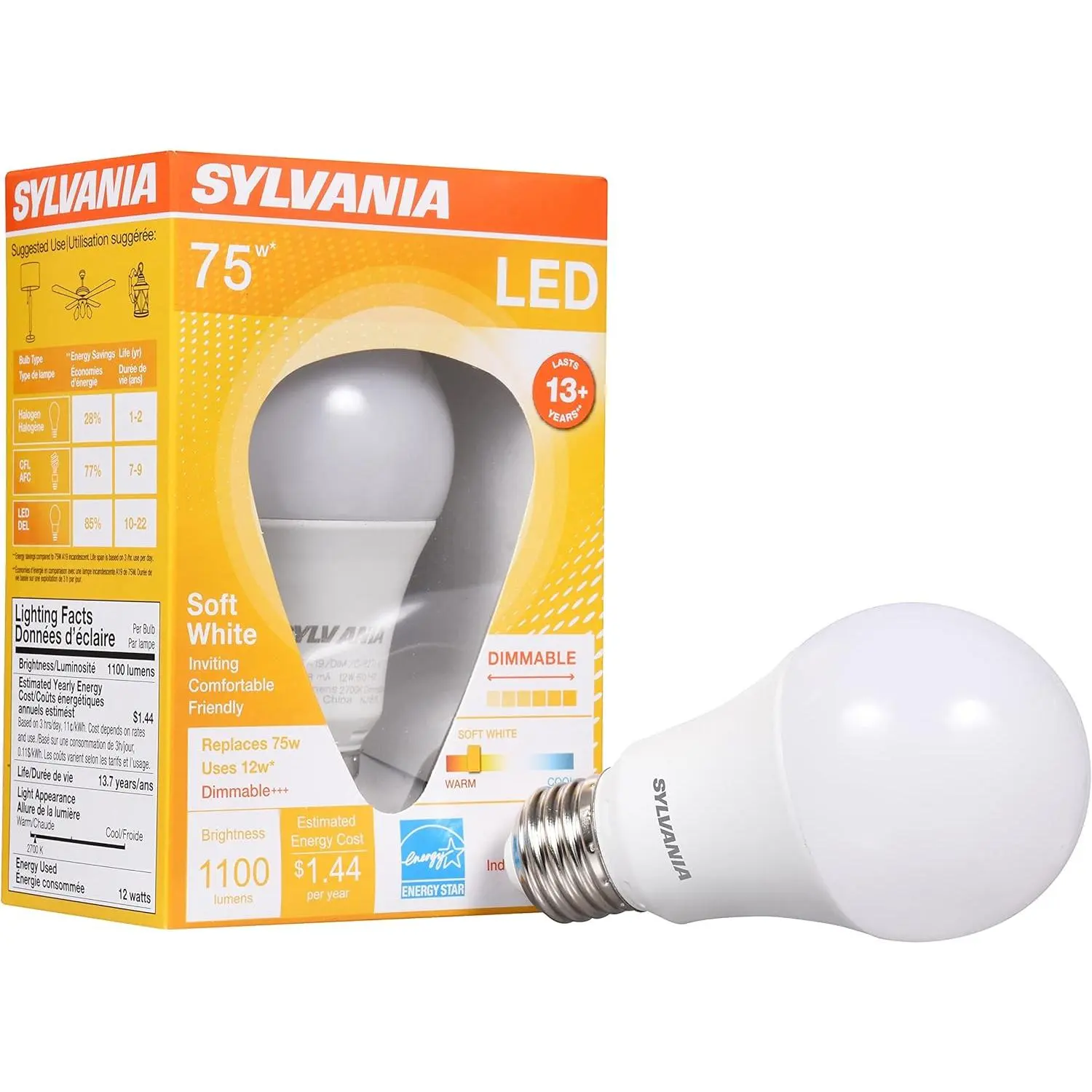 Sylvania A19 LED Light Bulb, 12W, 75W Equivalent, 13 Years, Dimmable, 1100 Lumens, 2700K, Soft White - 1 Pack (74685)