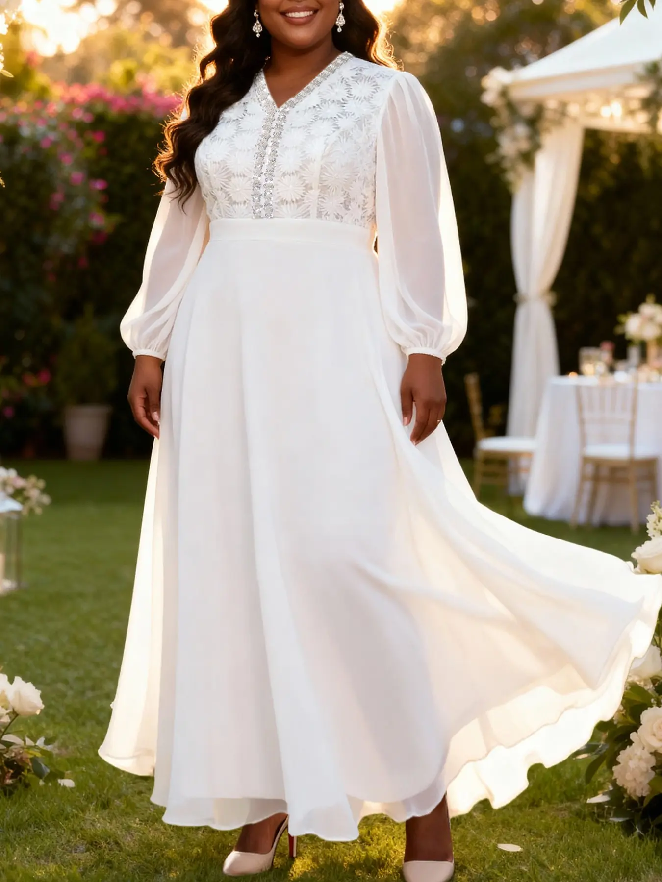 AOMEI DRESS Womenswear Elegant White Lightweight Chiffon Spring Long Dresses V Neck Sheer Lantern Sleeves Lace Patchwork  Sequined Wedding Guest Church Gowns Plus Size Elegance