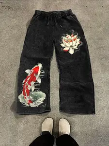 Men's Long Pants, Eastern Zen Koi Lotus Print Loose Sweatpants, Subculture Style, Casual Fitted Pants for All Seasons