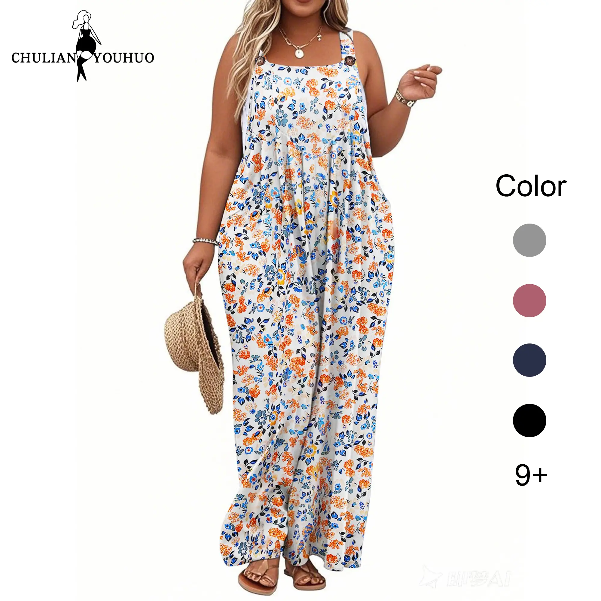 Chulianyouhuo Women's Plus Size Sleeveless Jumpsuit, Casual Bohemian Wide Leg Overalls with Pockets, Loose Fit Polyester Rayon Garment with Square Neck for Necklace, Women's Clothes, Lightweight, Plussize, Jumpsuits For Women
