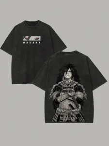 Men's Vintage Washed Short-Sleeve Round Neck Top, Uchiha Madara Printed Distressed T-Shirt, Skin-Friendly Comfortable Fabric, Machine Washable Festive Gift