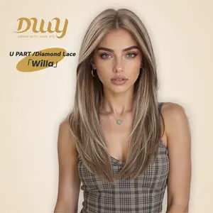 Willa - RESTOCK! DWY Pre-cut U part Diamond Lace Long-length Lace Icy Bronde Highlighted Layer-cut Curly Hair Glueless Synthetic Wigs for Women 22 Inch
