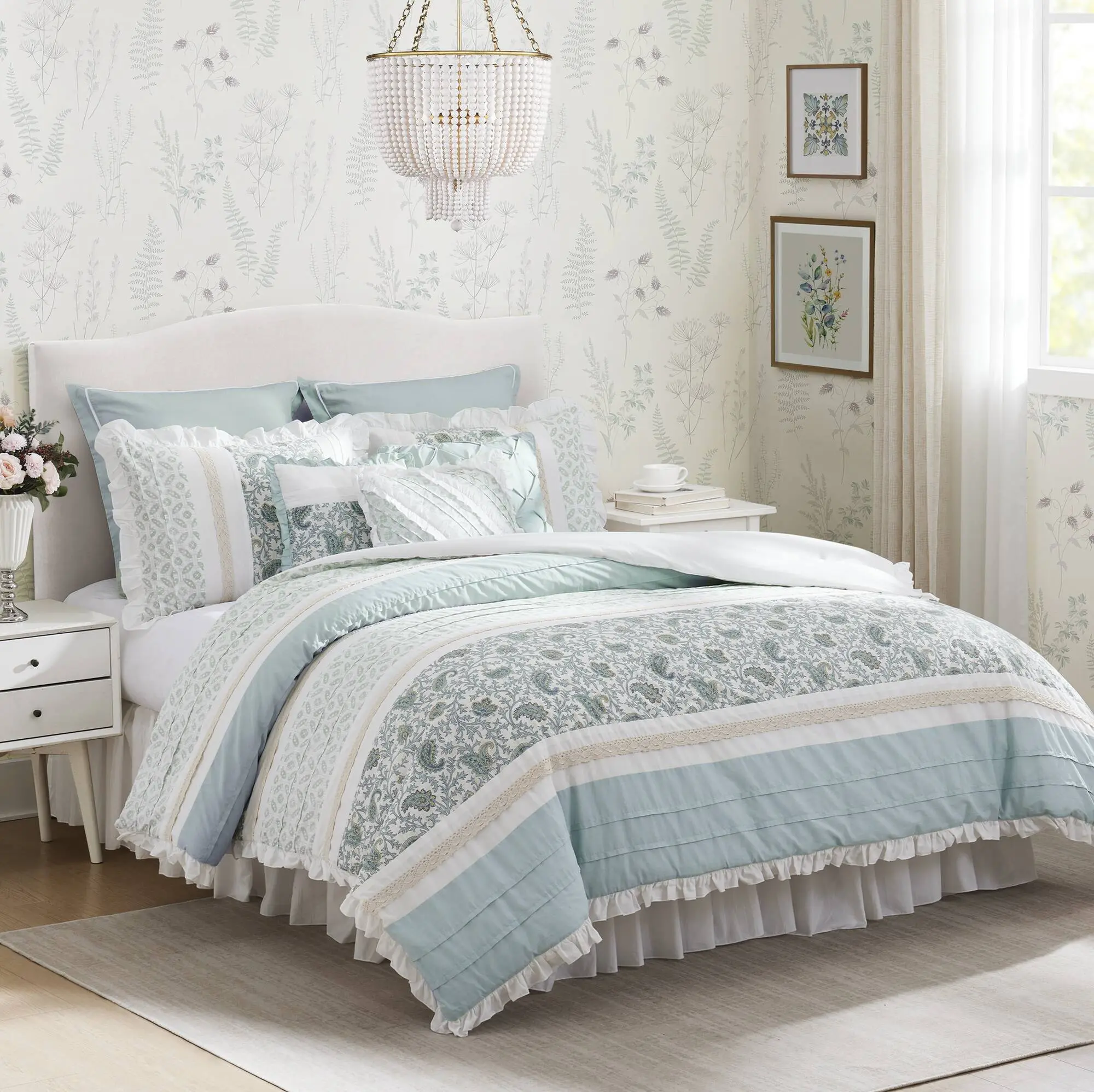 9-Piece Traditional Floral Print Cotton Shabby Chic Comforter Set - Bedding Sets Collections, Breathable All-Seasons Down Alternative, Matching Shams, Bedskirt, Decorative Pillows for Farmhouse Bedroom (Queen Size, Cal King Compatible, Steam Iron Safe)