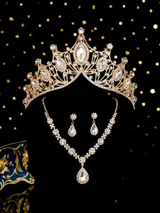 Luxury Rhinestone Decorated Crown & Tiaras & Dangle Earrings & Pendant Necklace, Elegant Crown Design Wedding Bridal Jewelry Set for Women, Fashion Accessories for Party, Daily Clothing Decor, Jewellery, Bridal Accessory