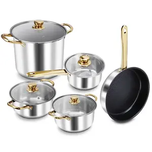 Stainless Steel Cookware Set, 9 Pcs Nonstick Cookware Set, Kitchen Pots and Pans Set with Glass Lid for Cooking, Dishwasher , Golden Tebru