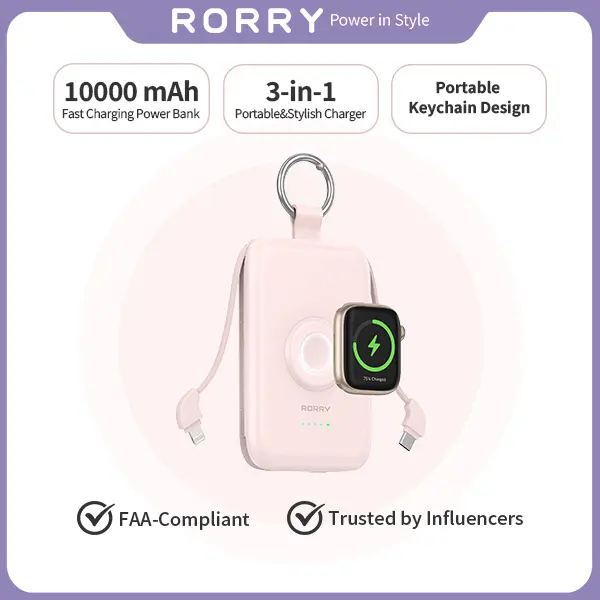 RORRY 10000mAh Chargeable Portable Power Bank, Fast Charging Compact Durable EDC Gear with Built-in Cables, Keychain, Wireless Magnetic Function for iPhone 17-11, iWatch, Android, AirPods, iPad - Lightweight Travel Accessory Perfect Father's Day Gift, Pro