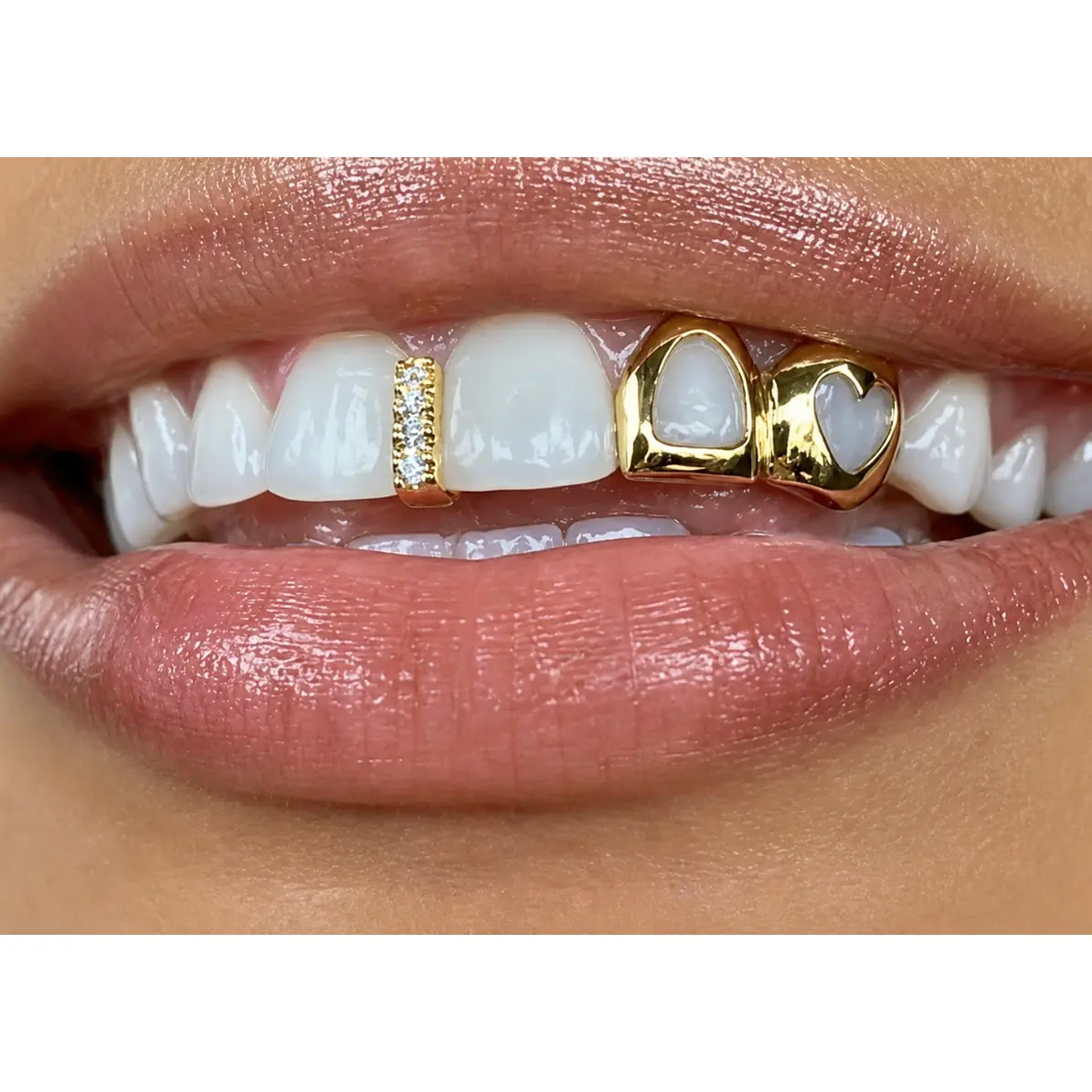Custom Fit 14K Gold Plated Open Face Heart + Iced Gap Teeth Grillz Cap 2pc Set Custom Fit 14K Gold Plated Open Face Heart + Iced Gap Teeth Grillz Cap 2pc Set