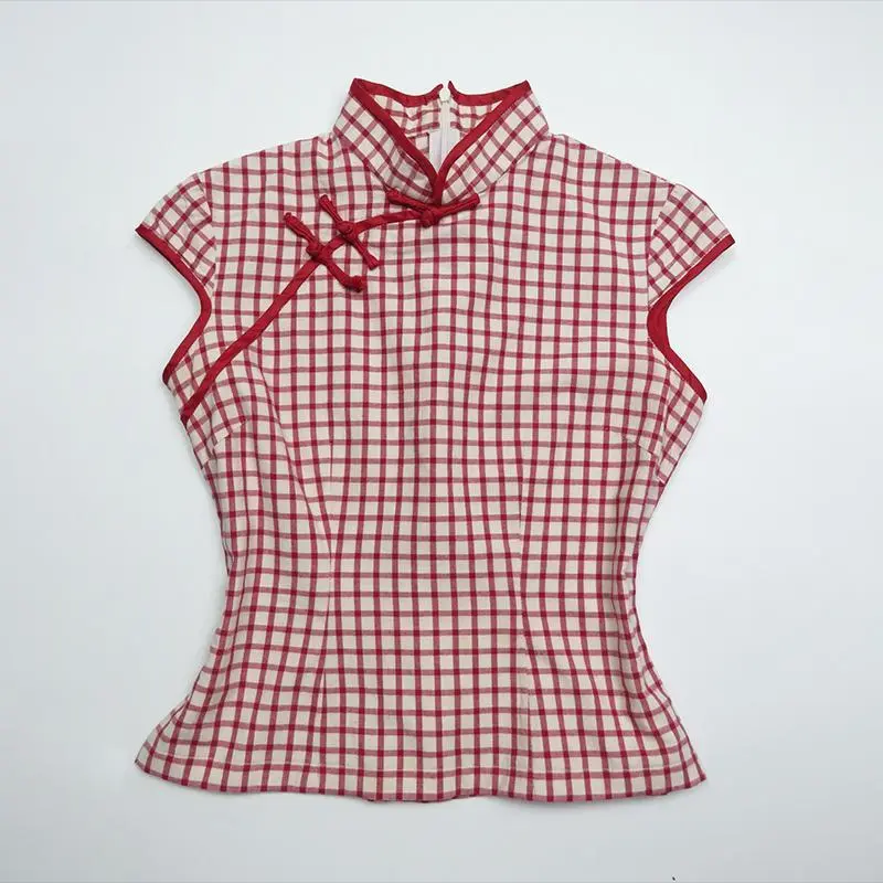 Vintage Aesthetic Women's Plaid Cheongsam Top Sexy Slim Fit Chic Short Sleeve O-Neck Crop Tops 2000s Harajuku Hottie Streetwear