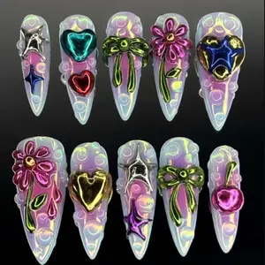 AURA NAILS \ Handmade Chrome Candy Press On Nails  3D Metallic Bows, Hearts, Stars & Cherries on Iridescent Bubble Base  Stiletto Nails for Y2K Looks1