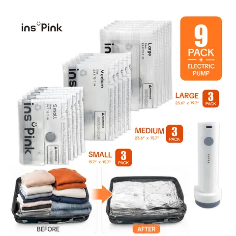 Inspink 9-Pack Multi-Size Cordless Vacuum Seal Bags Set with 25W USB Rechargeable Handheld Pump, Home Storage Space Saver for Clothes, Ideal for Carry-On Suitcases, Travel Essentials, Reusable Vacuum Seal Storage Bags #sohochic familyfun