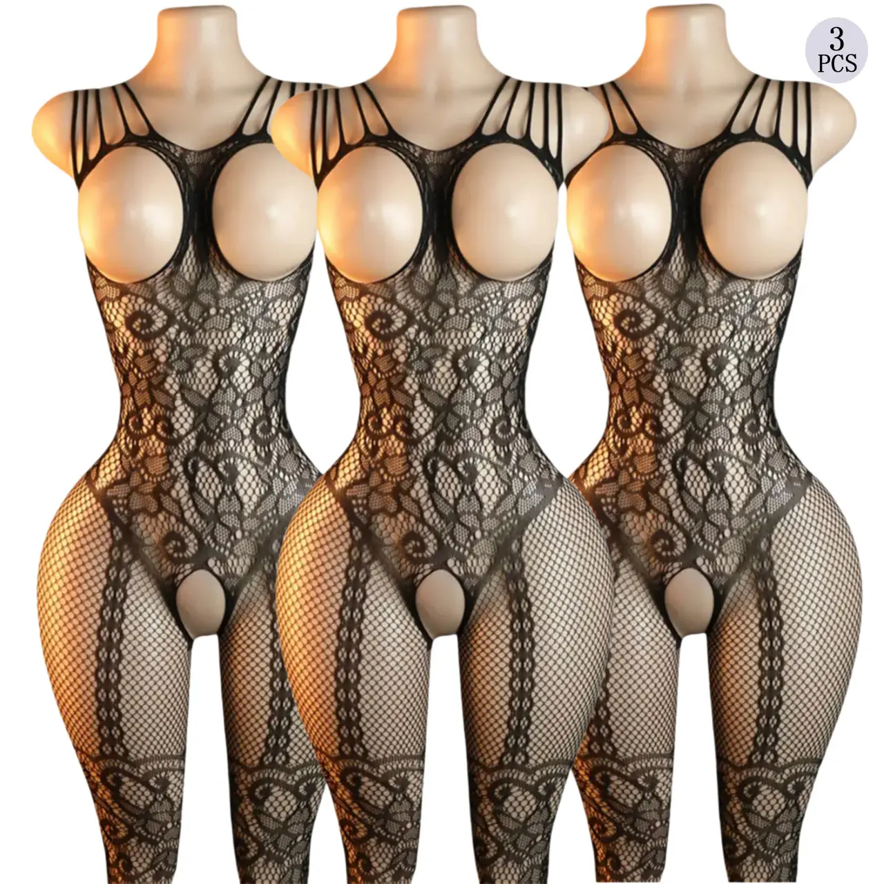AESKEIA Women's 3-Pack Elegant Style Lingerie Bodystocking Bodysuits, Floral Lace Fishnet Full Body Stockings with Cutout Design, Elegance