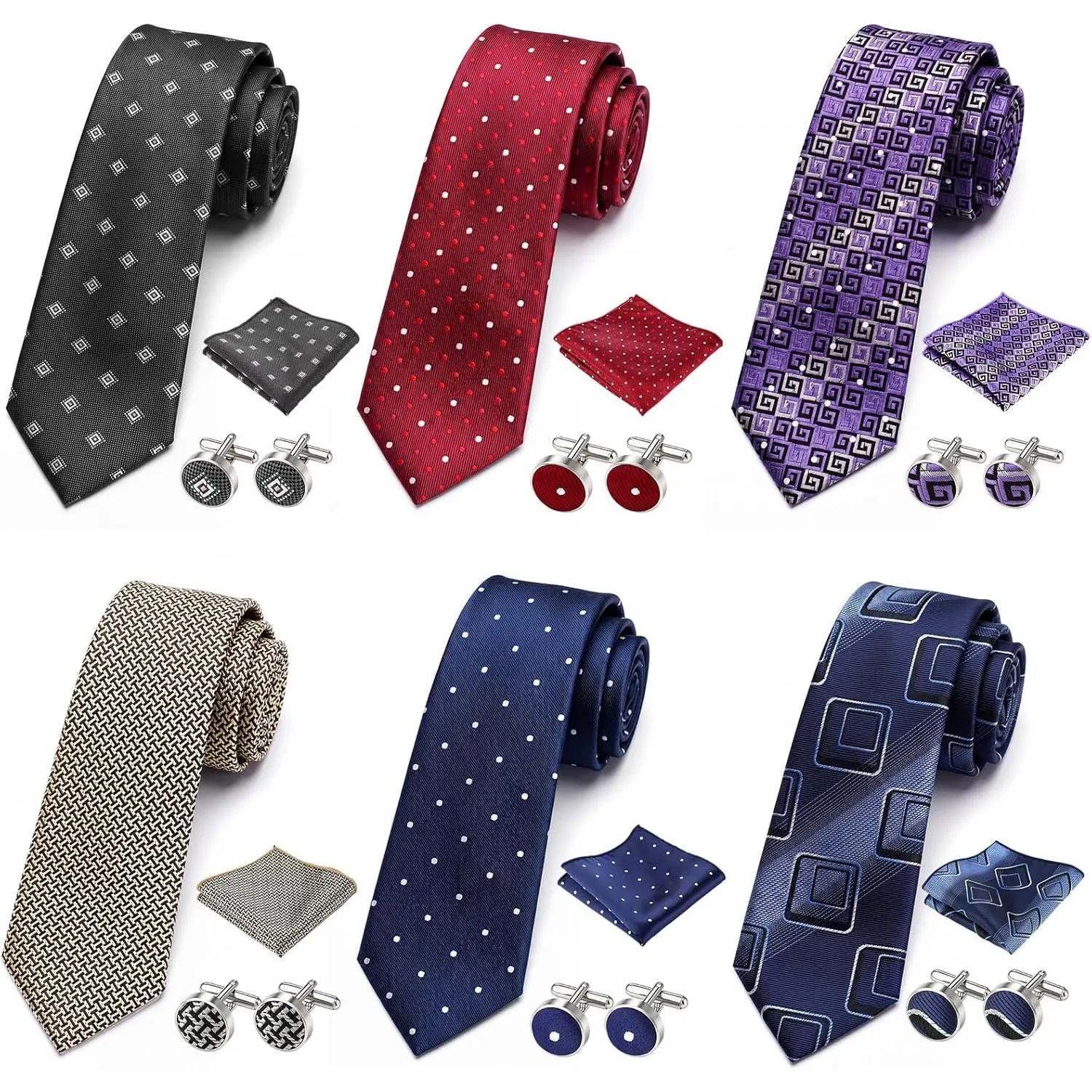 Men's 6-Set Silk Ascot Cravat Assorted Neckties with Woven Handkerchief, Cufflinks & Paisley Scarf for Business, Wedding