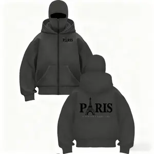 Men's Classic Zipper Double-Layer Hooded Color-Blocked Sweatshirt for Autumn/Winter; Stylish Casual Loose-Fitting Warm Long-Sleeved Top; Trendy Patchwork Sports Jacket; Versatile Couple Style Base Layer; Paris Eiffel Tower Print Design