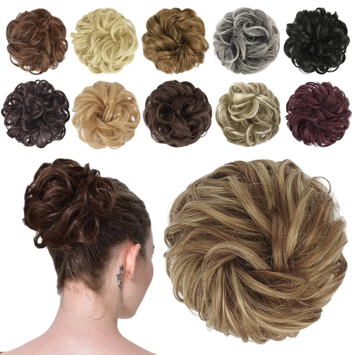 Women's Wavy Texture Synthetic Messy Bun Hair Piece - Curly Chignon Scrunchies, Elastic Ponytail Bun Extensions for Instant Volume, Casual Wear & Wedding Use, Thick 1.50 oz Brown & Blonde Hairpiece