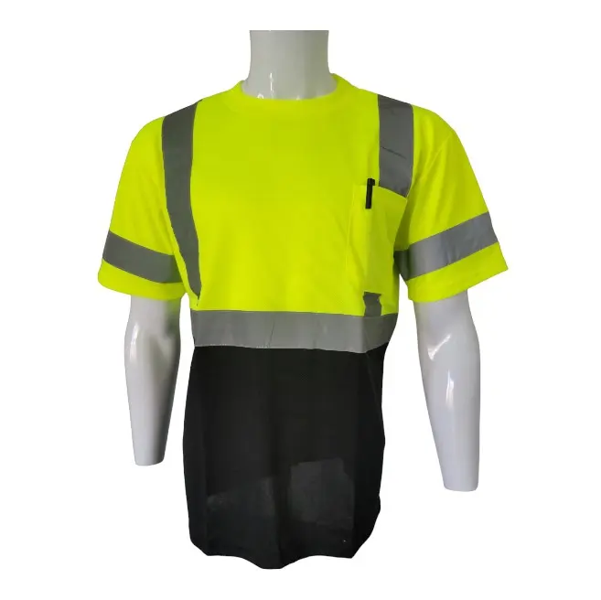 Men's Yellow-Black Short-Sleeve Multicolor Striped Safety Light Workwear T-Shirt - Durable Vibrant Fabric, Reflective Strips, Visibility Boost Construction Safety Gear, Protection, Bold Black Accents, 1 Pocket