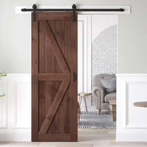 32x84 Inch K Shape Sliding Barn Wood Door Slab with 5.5ft Hardware Kit and Handle, Coffee, Simple DIY Assembly