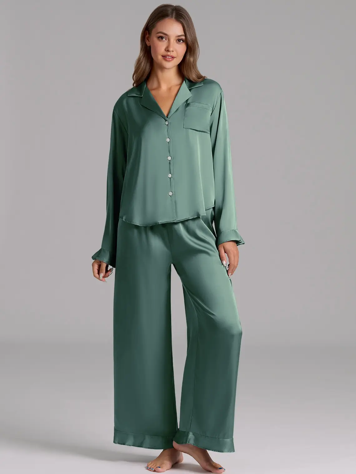 Azazie Ruffled Satin Long Sleeve Set Feminine Ruffle Cozy Chic Lounge Sleep Gift Satin Pajama Set, Loungewear, Nightwear