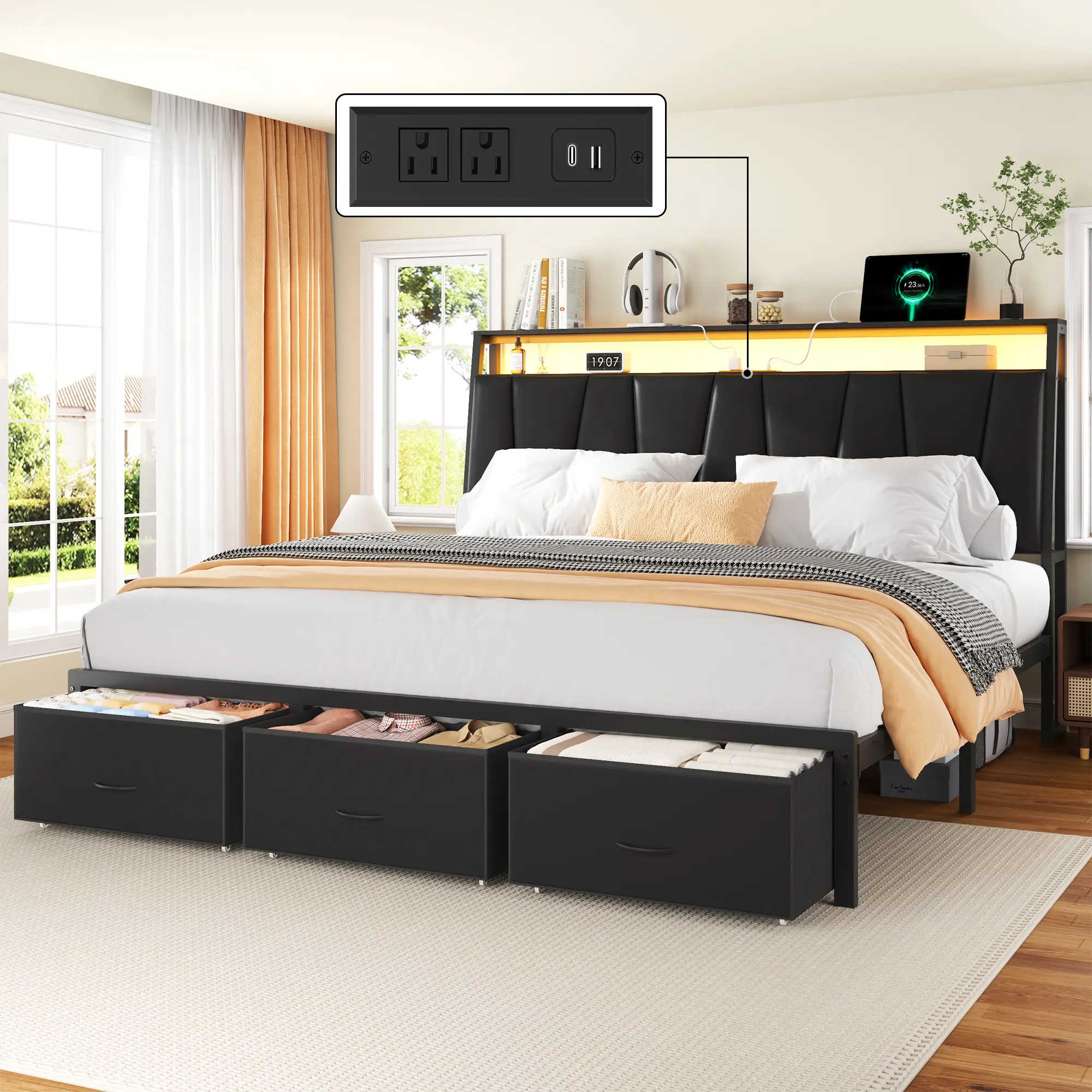 [DealsForYouDays] TryLazy Bed Frame with LED Light and 2 Storage Drawers, Metal Platform Bed with Storage Headboard, Velvet Upholstered, Heavy-Duty Slats, No Box Spring Needed, Easy Assembly