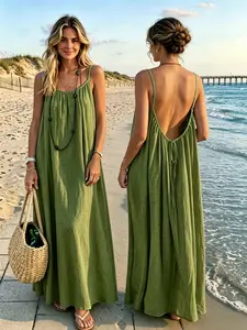 Women's Basic Solid Color Spaghetti Strap Cami Lounge Dress - Sleeveless Long Summer Essential, Comfortable Backless Breathable Soft Fabric Women's Clothes for Indoor Casual Chic Sleepwear