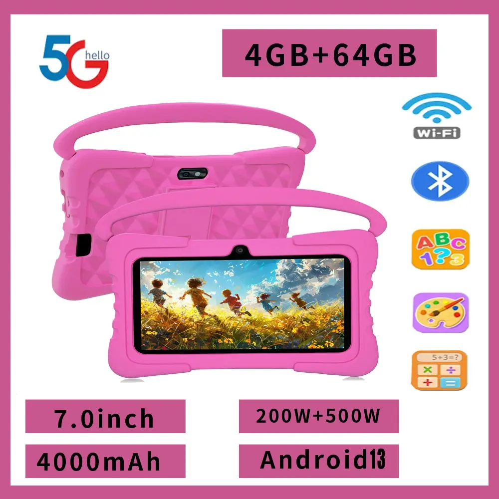 7-inch children's tablet computer, Android Tablets, Learning Tablet, supports WIFI, Bluetooth, 4GB RAM, 64GB ROM, Android 13, 4000mAh battery, portable silicone protective case, parents can control educational software