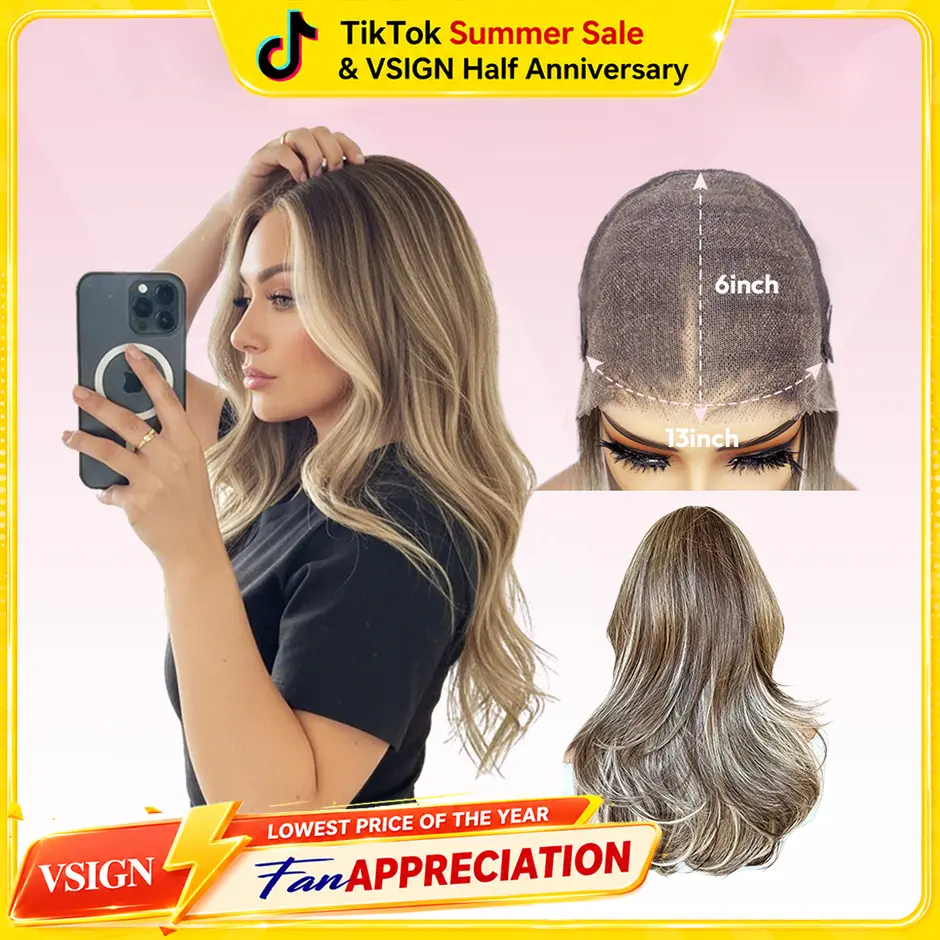 [Shannon] VSIGN Hazelnut with Money Piece Wavy 13*6 HD Pre-Cut Lace Front Wig Hand Tied Pre Plucked Hairline Pre Layered Natural Looking Synthetic Heat Resistant Fiber for Daily Party Skunk Strip Style Low Density Gift Gluelss Wig [Shannon]