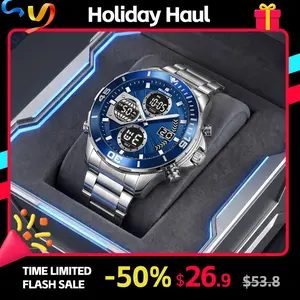 SKMEI Stylish Men's Wrist Digital Watch - Large Round Face Analog-Digital Timepiece with Stainless Steel Band, Dual Time Zone, Stopwatch, Alarm, EL Backlight, Date, Day, 3ATM Splash Resistance for Sport, Business, Stylish Watch