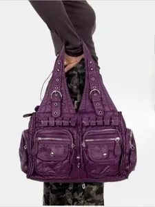 Ladies' retro vegan motorcycle tote bag, with a wasteland style front pocket, soft shoulder bag, Puffy shoulder bag, detachable shoulder strap, large capacity bag, street Y2K handbag, rivet design, suitable for daily commuting, work, Zipper crossbody bag