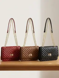 Women's Synthetic Leather Crossbody Bag, Detachable Chain Strap, Twist Lock Design, Casual Style, Suitable for All Seasons, Quilted Crossbody Bags, Elegant Commuter Bag, Fashionable Casual Bag
