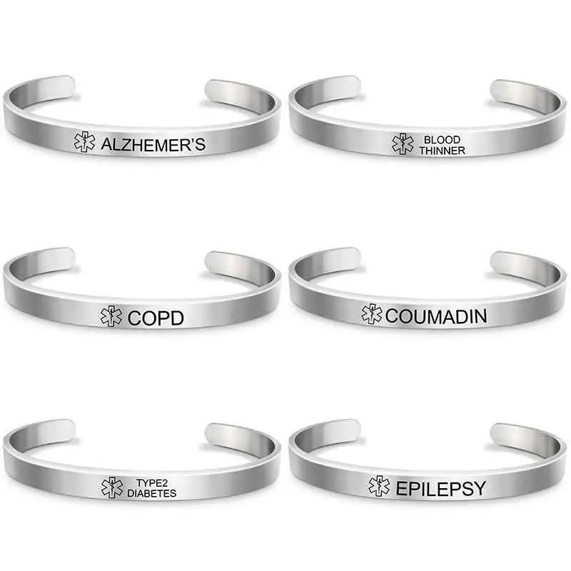 Silver Plated Medical Alert Cuff Bracelet - Epilepsy, Diabetic & Allergy Stainless Steel Bangle for Women & Men