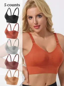 5 Pack Seamless Nursing Bras with Removable Pads, Comfortable Maternity Vest for All Stages, Casual Style Breastfeeding Tops, Maternity Solid Bra